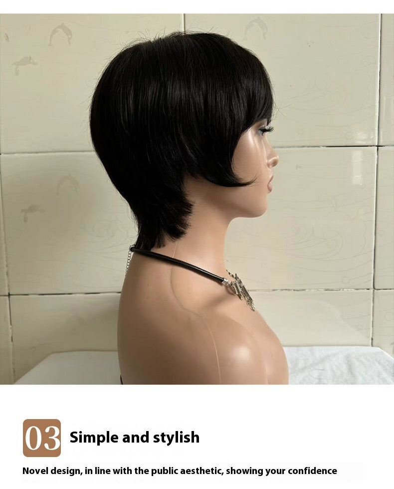 Short Straight Wig Women's Short Hair Head Cover Real Human Hair