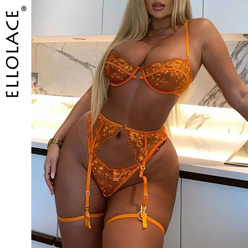 Ellolace Orange Lace Embroidery Lingerie Set - Sexy Transparent 3-Piece Mesh Bra and Shortst