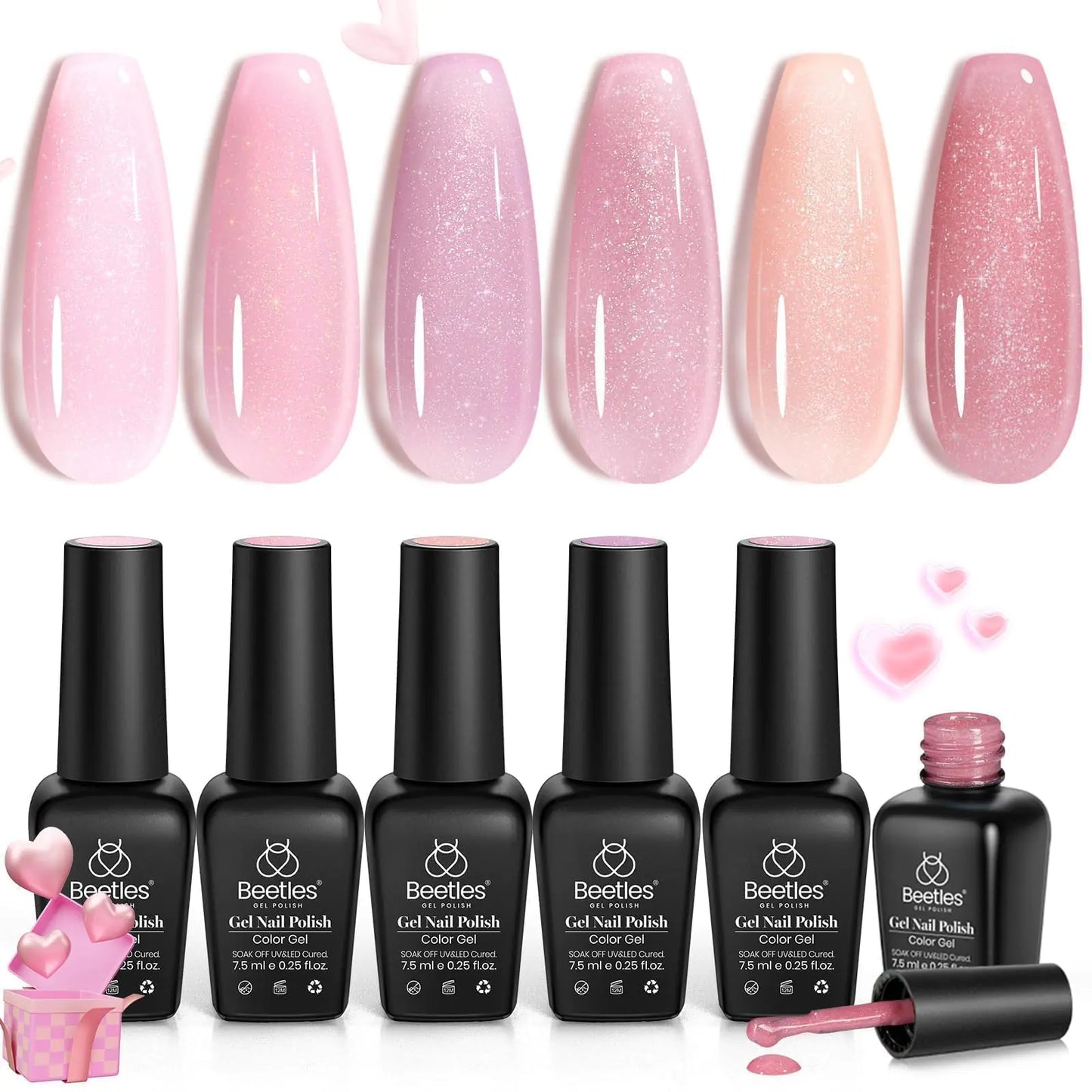 Beetles Jelly Gel Nail Polish, 6pcs Glitter Nude Sheer Light Baby Pink Natural Gel Polish Shimmer Nail Color Gel Soak off UV LED Cured Art Manicure Set Nail Art Salon Home Gifts for Women 0 - 6 Colors Romantic Shimmer