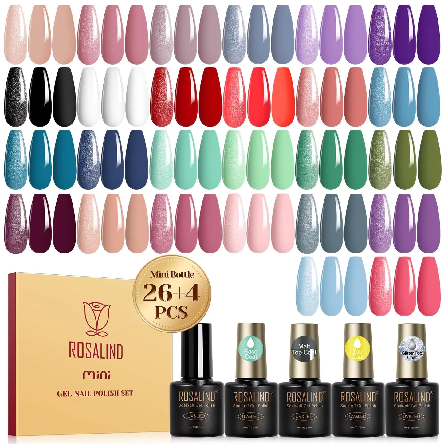 ROSALIND 24PCS Gel Nail Polish Set with 4 PCS Base Coat and Matte and Glossy and Glitter Top Coat,20 Color Vibrant and High Shine Gel Polish 24pcs Colors 12A 0.17 Fl Oz (Pack of 24)