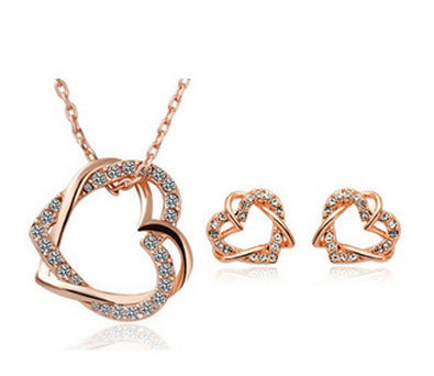 Yiwu Fashion Jewelry Factory Jewelry Customized Double Diamond Heart Necklace Earring Set