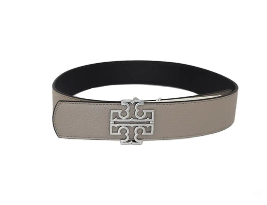 Tory Burch Britten Black Gray Reversible Logo Buckle Belt