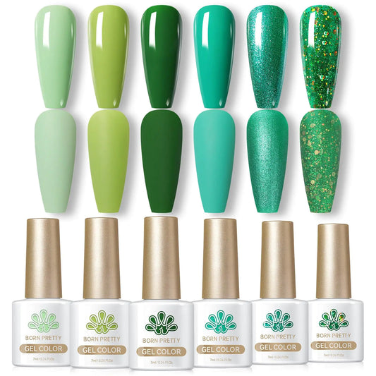 Born Pretty Green Gel Nail Polish, Christmas Carnival Evergreen Gel Nail Polish Set, Glitter Green Sparkle Gel Polish Nail Art Varnish Manicure Collection St. Patrick's Day 6PCS green forest