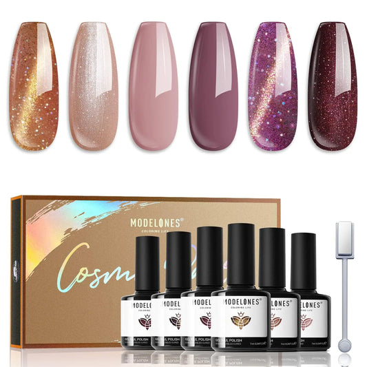 modelones Cat Eye Gel Nail Polish Set 6 Colors, Glitter Nude Shiny Champagne Burgundy Gold Magnetic Effect Sparkle Stunning Home Nail Art Gel Kit Gift A- Cosmo Party