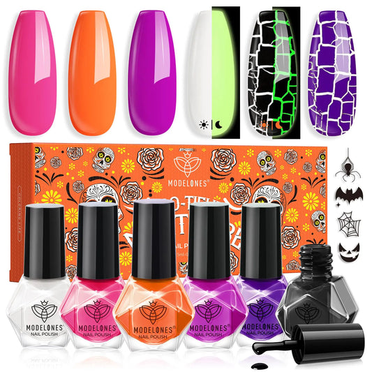 modelones Halloween Nail Polish Set 6 Colors, Boo-tiful Nightmare Collection with Stickers, Glow in the Dark White Crackle Black Purple Orange Hot Pink Quick Dry Nail Art Kit, Fall Gift for Women A1 Boo-tiful Nightmare