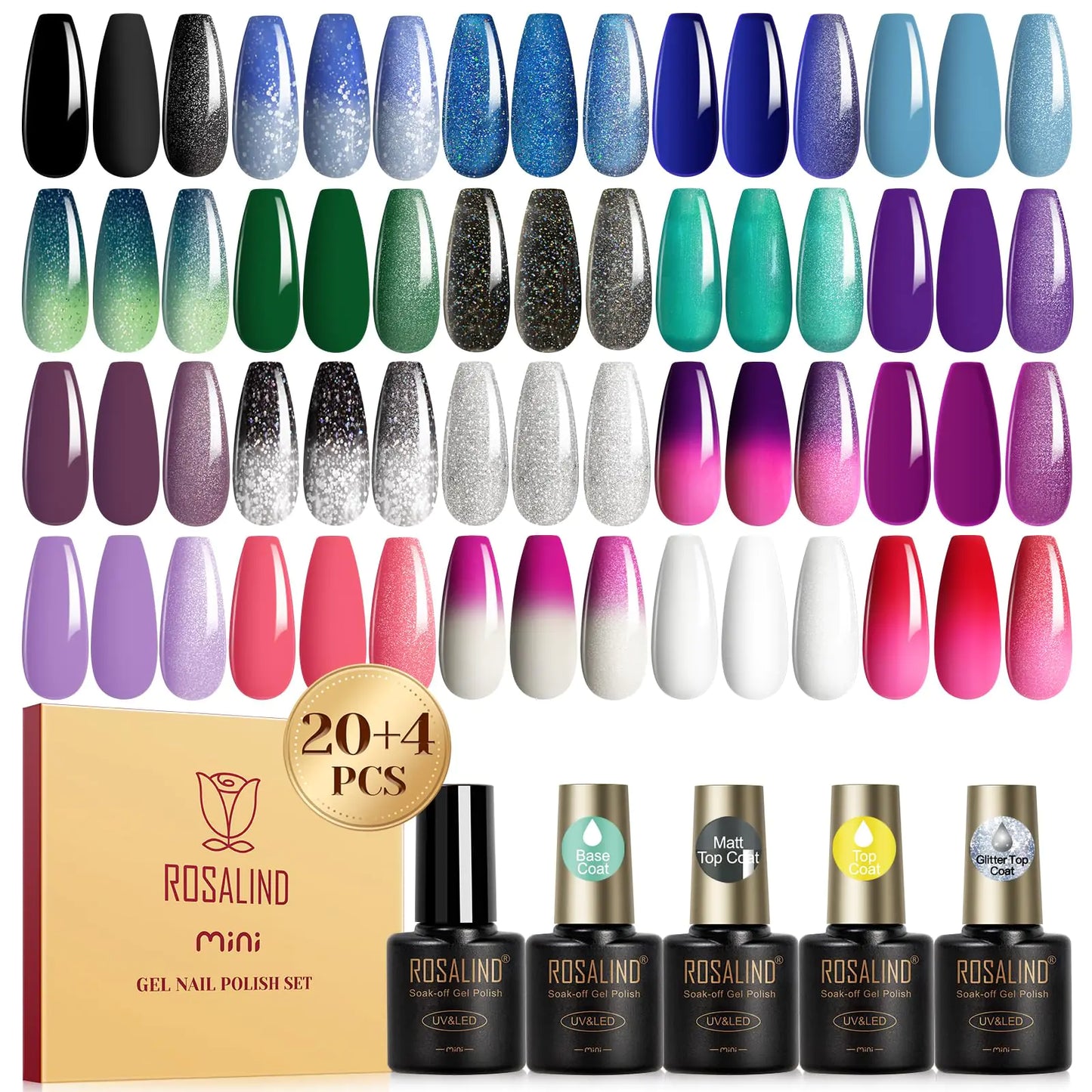 ROSALIND 24PCS Gel Nail Polish Set with 4 PCS Base Coat and Matte and Glossy and Glitter Top Coat,20 Color Vibrant and High Shine Gel Polish 24pcs Colors 12A 0.17 Fl Oz (Pack of 24)