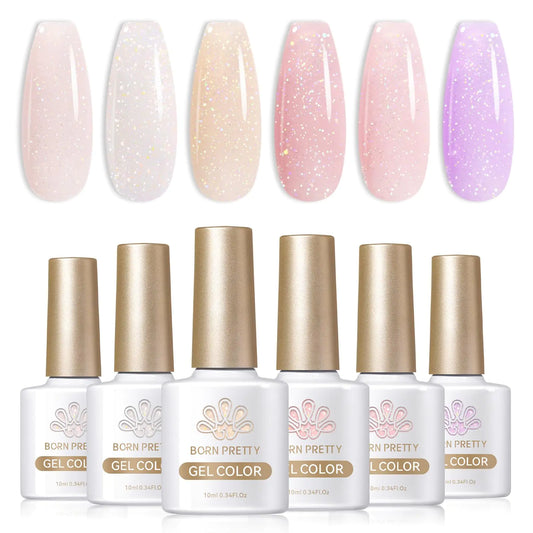 Born Pretty Jelly Nude Pink Gel Nail Polish Glitter Gel Polish Milky Sheer Shimmer Iridescent Holographic Gel Nail Polish Crystal Transparent Translucent Natural Gel Polish jelly pink glitter series