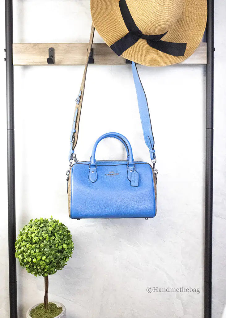 Coach Rowan Mixed Racer Blue Canvas Leather Colorblock Satchel