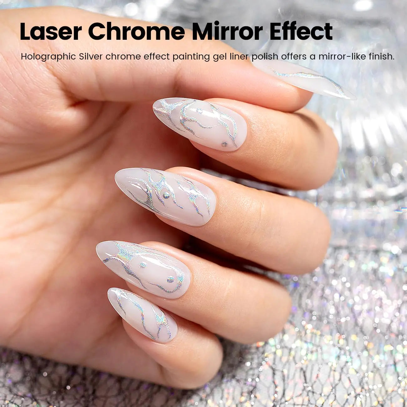 RARJSM Metallic Silver Nail Art Gel Liner Mirror Chrome 3D Holographic Laser Rainbow Effect Gel Nail Polish 8ml Build in Thin Brush Painted Drawing Striper Painting Curing Requires for Home Salon Metallic Laser Silver