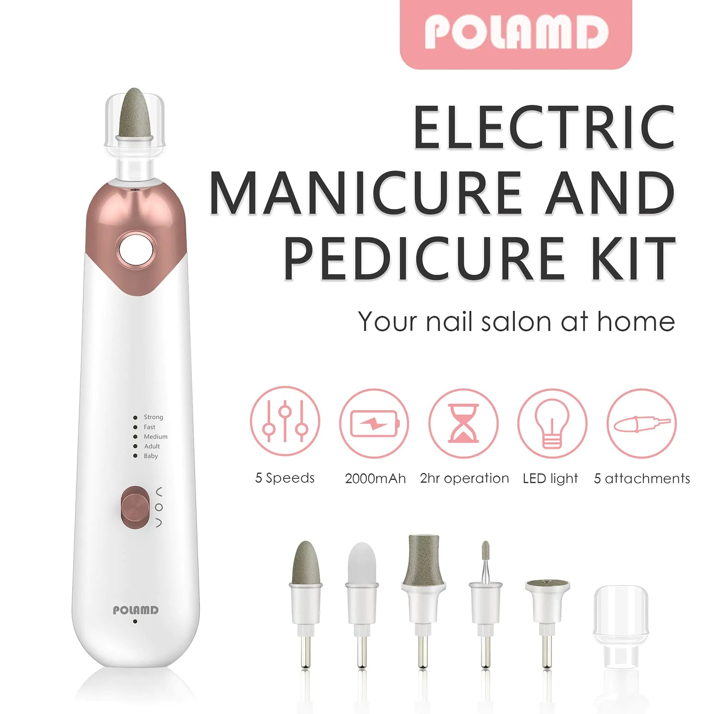 Professional Manicure Pedicure Kit, Electric Nail File Set, Cordless Electric Nail Drill Machine, 5 Speeds Hand Foot Care Tool for Nail Grind Trim Polish(White) White