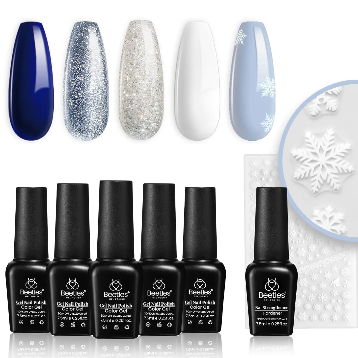 Beetles 6 Pcs Gel Nail Polish Set- 5 Colors Glitter White Blue Silver Gel Polish Kit with Strengthener Reinforcement Nail Sticker Snowflakes Soak off UV LED Lamp Winter Manicure Gifts for Girls 0-Sparkling Snow