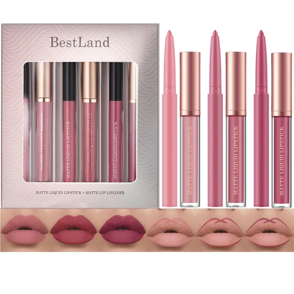 BestLand 6Pcs Matte Liquid Lipstick + Lip Liner Pens Set, One Step Lips Makeup Kits Pigment Velvety Nude Lip Stain Waterproof Long Wear Lip Gloss Make up Gift Set (Natural Allure Bundle) 6 Fl Oz (Pack of 1) Natural Allure Bundle