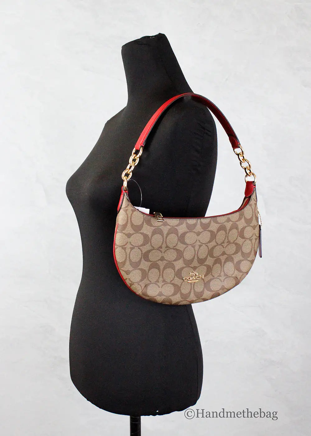 Coach Payton Small Khaki Red Signature Hobo Shoulder Bag