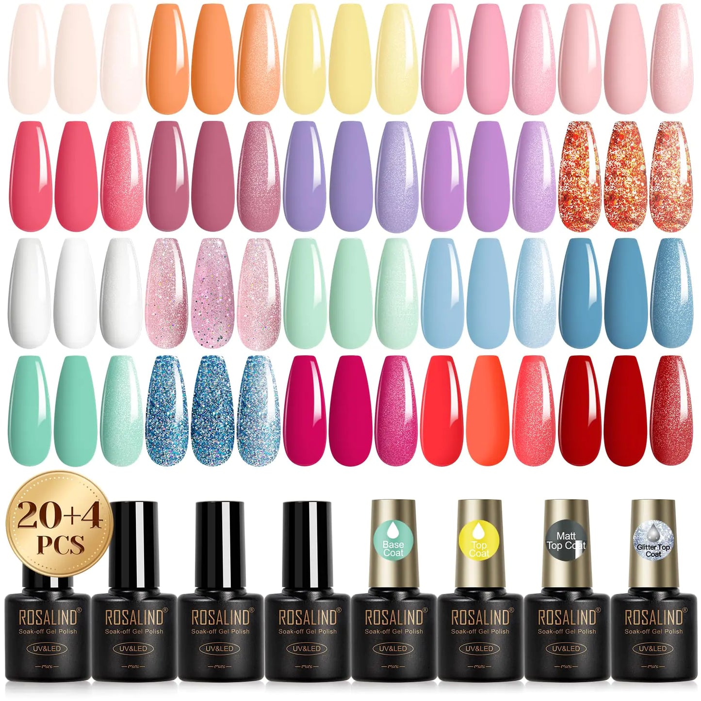 ROSALIND 24PCS Gel Nail Polish Set with 4 PCS Base Coat and Matte and Glossy and Glitter Top Coat,20 Color Vibrant and High Shine Gel Polish 24pcs Colors 12A 0.17 Fl Oz (Pack of 24)