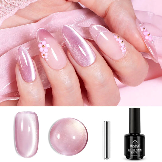 Beetles Cat Eye Gel Nail Polish, 15ML Pink Cat Eye Glitter Gel Nail Polish, Holographic Glitter Pink Cat Eye Magnetic Gel Nail Polish, Reflective Translucent Gel Polish Nail Art DIY at Home 0-0-1-Pink Cat Eye Gel Nail Polish