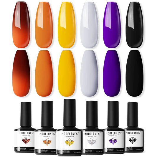 modelones Gel Nail Polish Set- 6 Colors Thanksgiving Day Orange Yellow Nail Polish Color Changing Gel Polish Kit Gray Black Nail Gel Kit Soak Off LED Nail Art Gifts DIY Salon Home A2 Thanksgiving