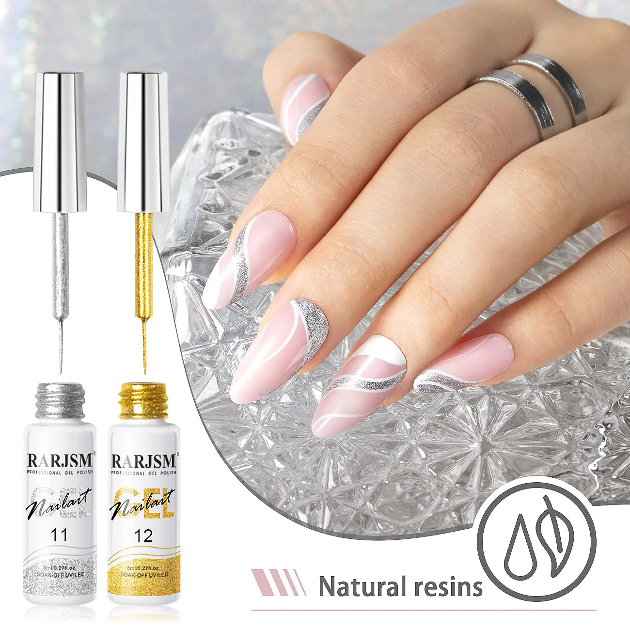 RARJSM Gel Liner Nail Art Silver Gold Glitter Nail Design Polish Painted Gel Nail Polish Set 2Pcs Soak off Curing Requires 8ml Build in Thin Brush for Home Salon Diy Nail Decoration Dotting Painting