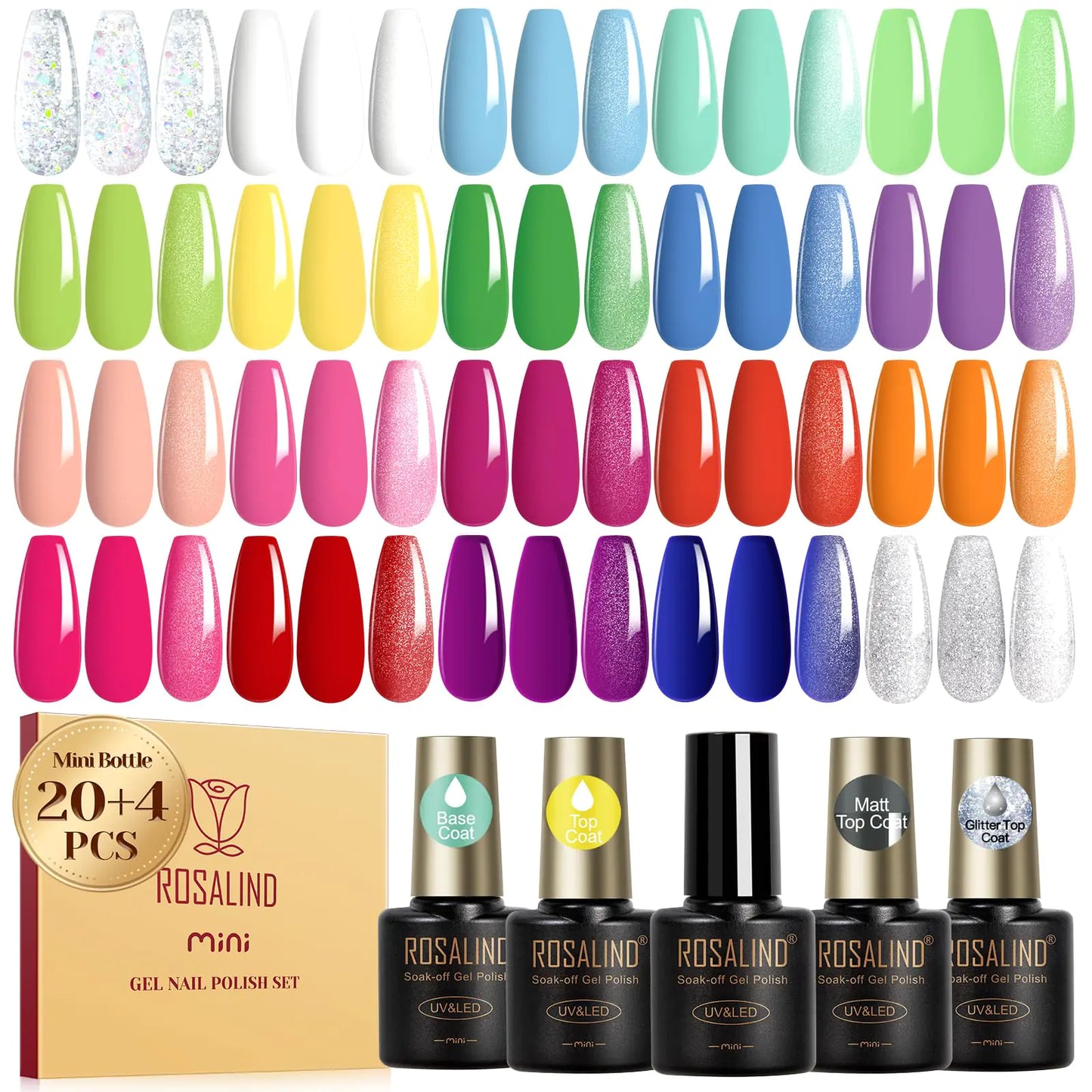 ROSALIND 24PCS Gel Nail Polish Set with 4 PCS Base Coat and Matte and Glossy and Glitter Top Coat,20 Color Vibrant and High Shine Gel Polish 24pcs Colors 12A 0.17 Fl Oz (Pack of 24)