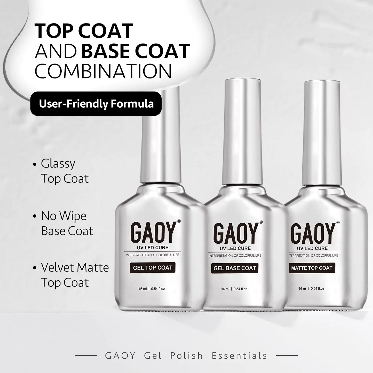 GAOY Gel Top Coat, Matte Top Coat and Base Coat Set, 3 Pcs 16ml Glossy Matte No Wipe Combination for UV Light Cure Gel Nail Polish