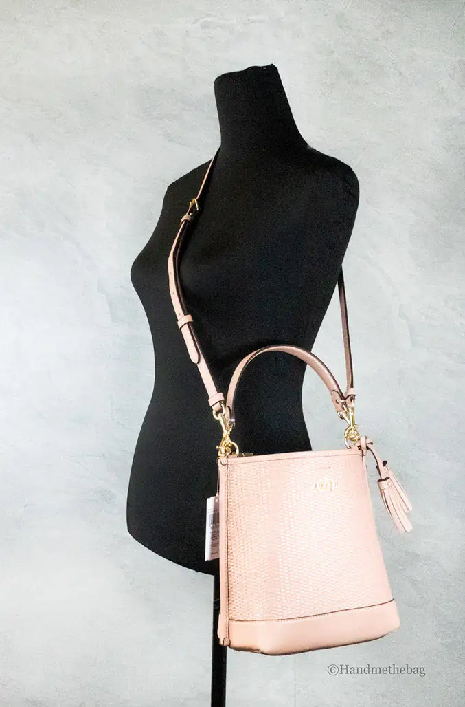 Coach Mollie 22 Shell Pink Straw Leather Bucket Crossbody