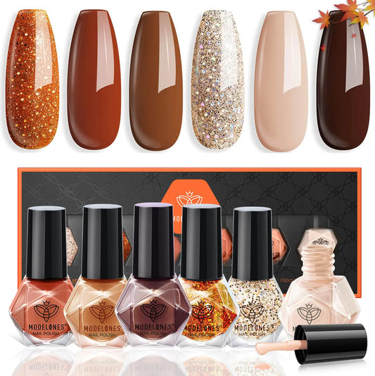 modelones Nail Polish Set, Fall Winter 6 Colors Nail Polish Kit Gold Glitter Brown Quick Dry Nail Polish Manicure DIY Nail Art Salon Home Gift For Women A3 A-Fall Queen