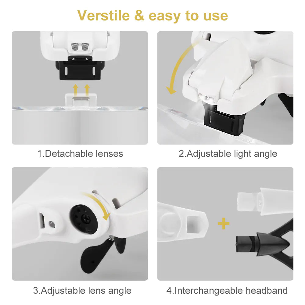 hargeable LED Light Lamp Headband Magnifying Glasses