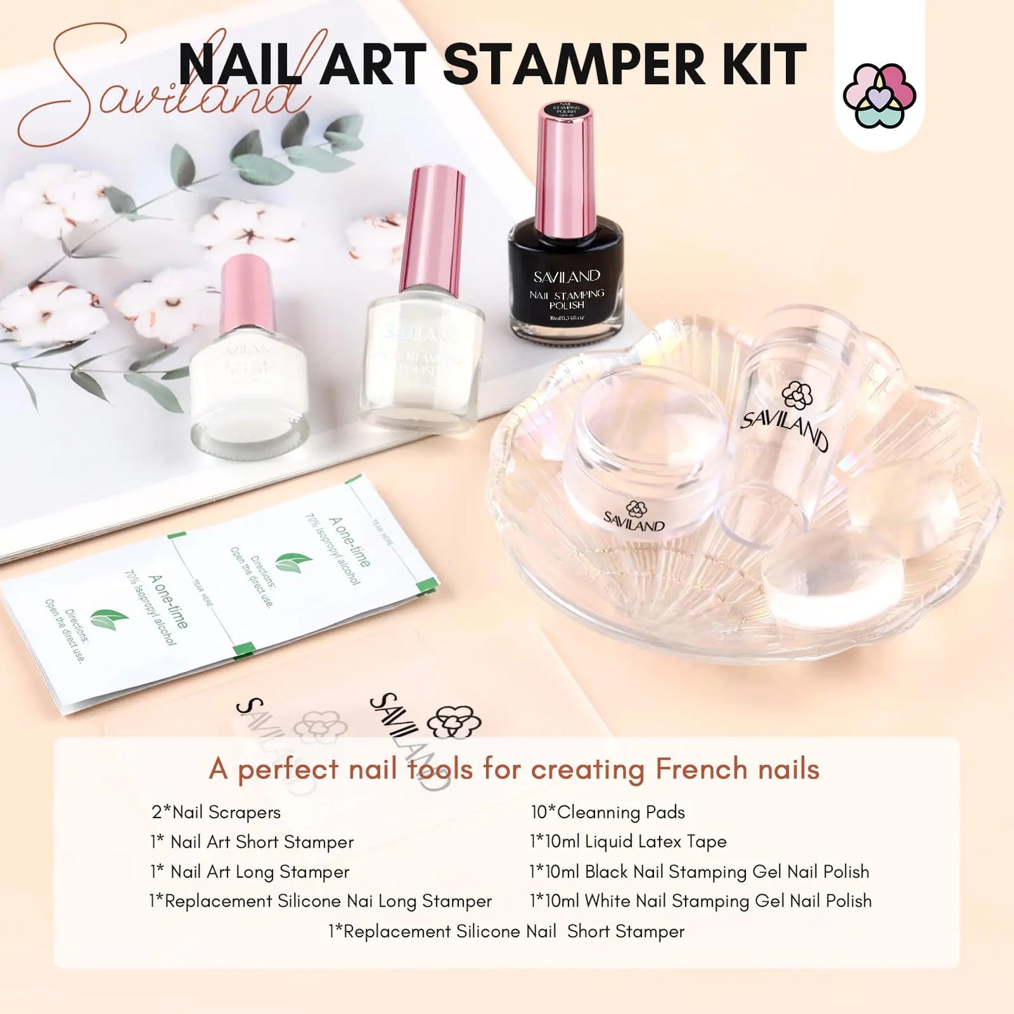 Saviland French Tip Nail Stamp: 10Pcs French Nail Stamper Kit with 2 Nail Stamping Polish Gel, Peel off Latex Tape and 2 Replacement French Tip Nail Tool Heads for French Manicure Kit Home DIY 3A-Nail Stamper Kit