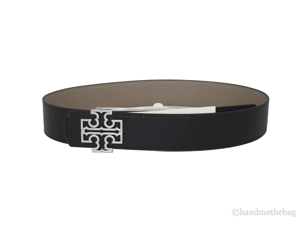 Tory Burch Britten Black Gray Reversible Logo Buckle Belt