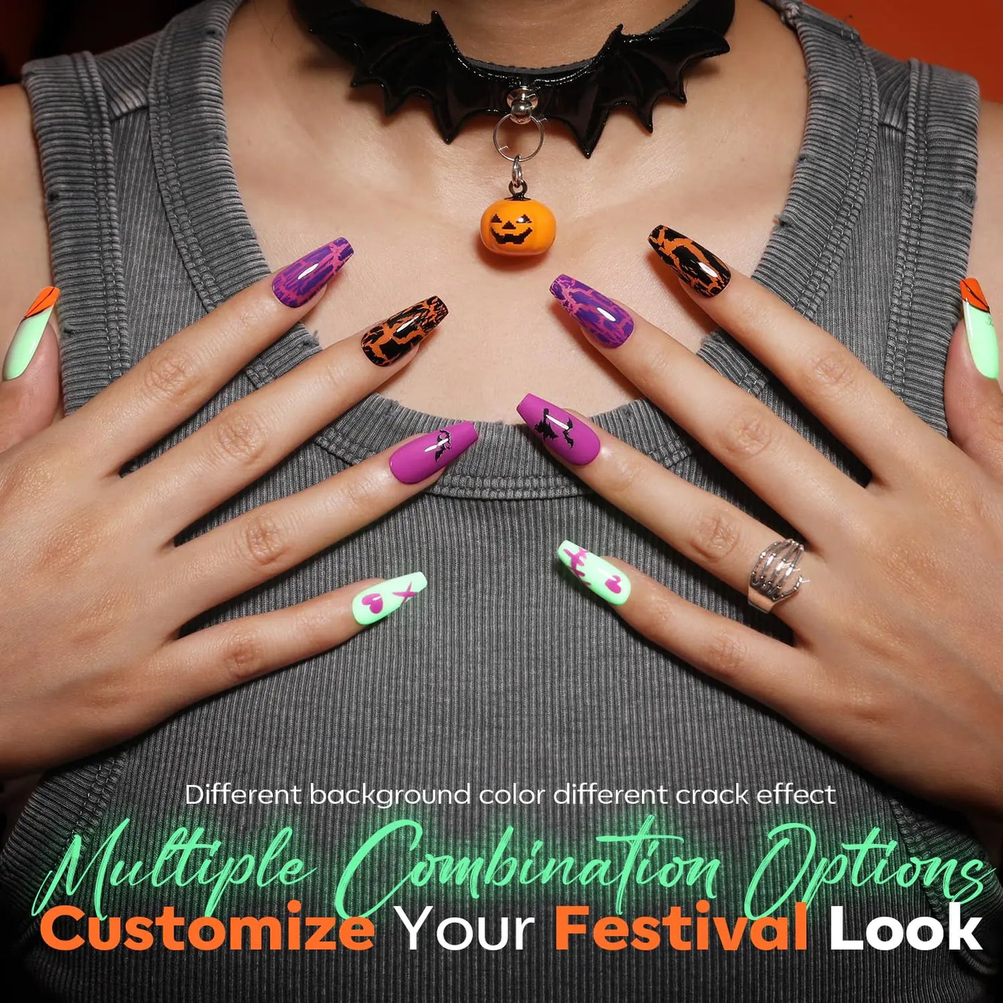 modelones Halloween Nail Polish Set 6 Colors, Boo-tiful Nightmare Collection with Stickers, Glow in the Dark White Crackle Black Purple Orange Hot Pink Quick Dry Nail Art Kit, Fall Gift for Women A1 Boo-tiful Nightmare