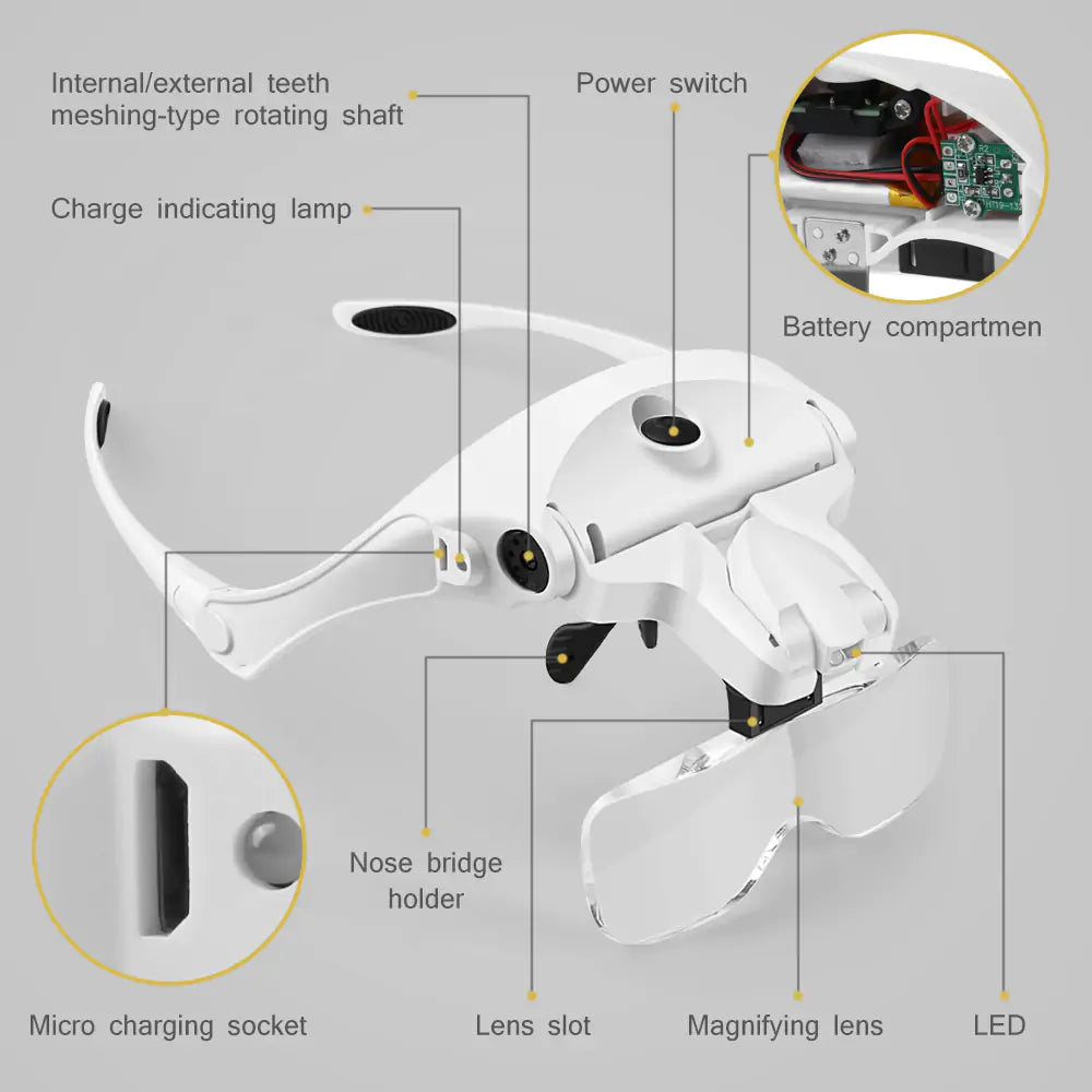 hargeable LED Light Lamp Headband Magnifying Glasses