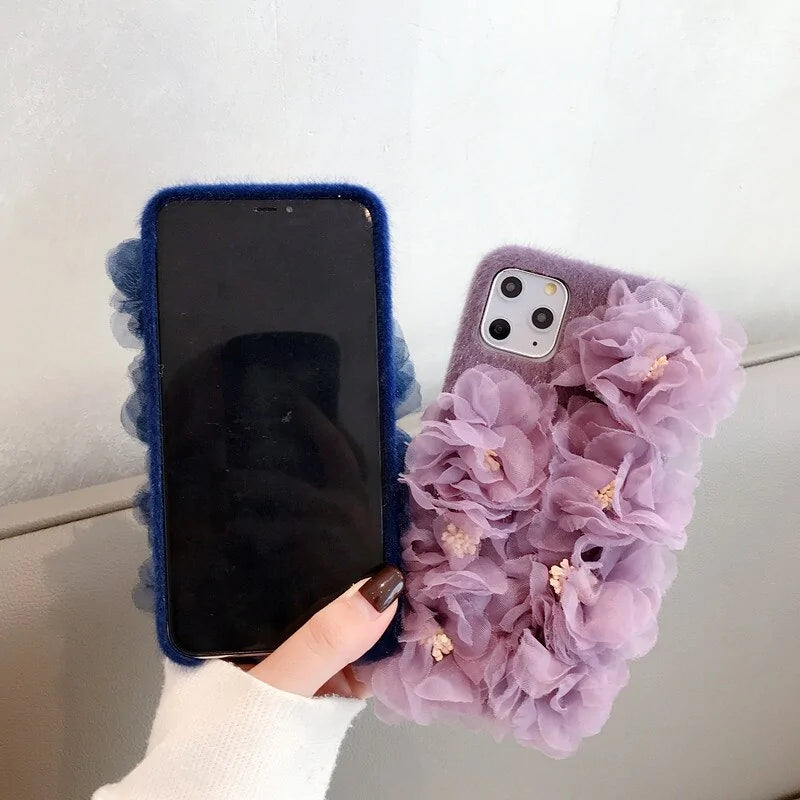 3D Lace Flower Furry Phone Case Cover for iPhone Models