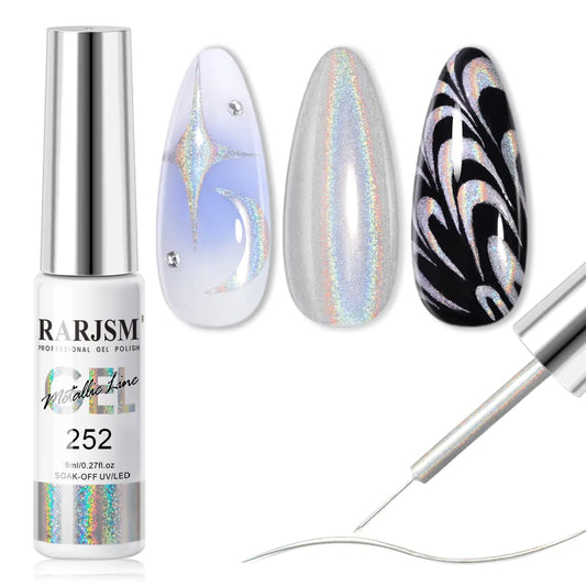 RARJSM Metallic Silver Nail Art Gel Liner Mirror Chrome 3D Holographic Laser Rainbow Effect Gel Nail Polish 8ml Build in Thin Brush Painted Drawing Striper Painting Curing Requires for Home Salon Metallic Laser Silver