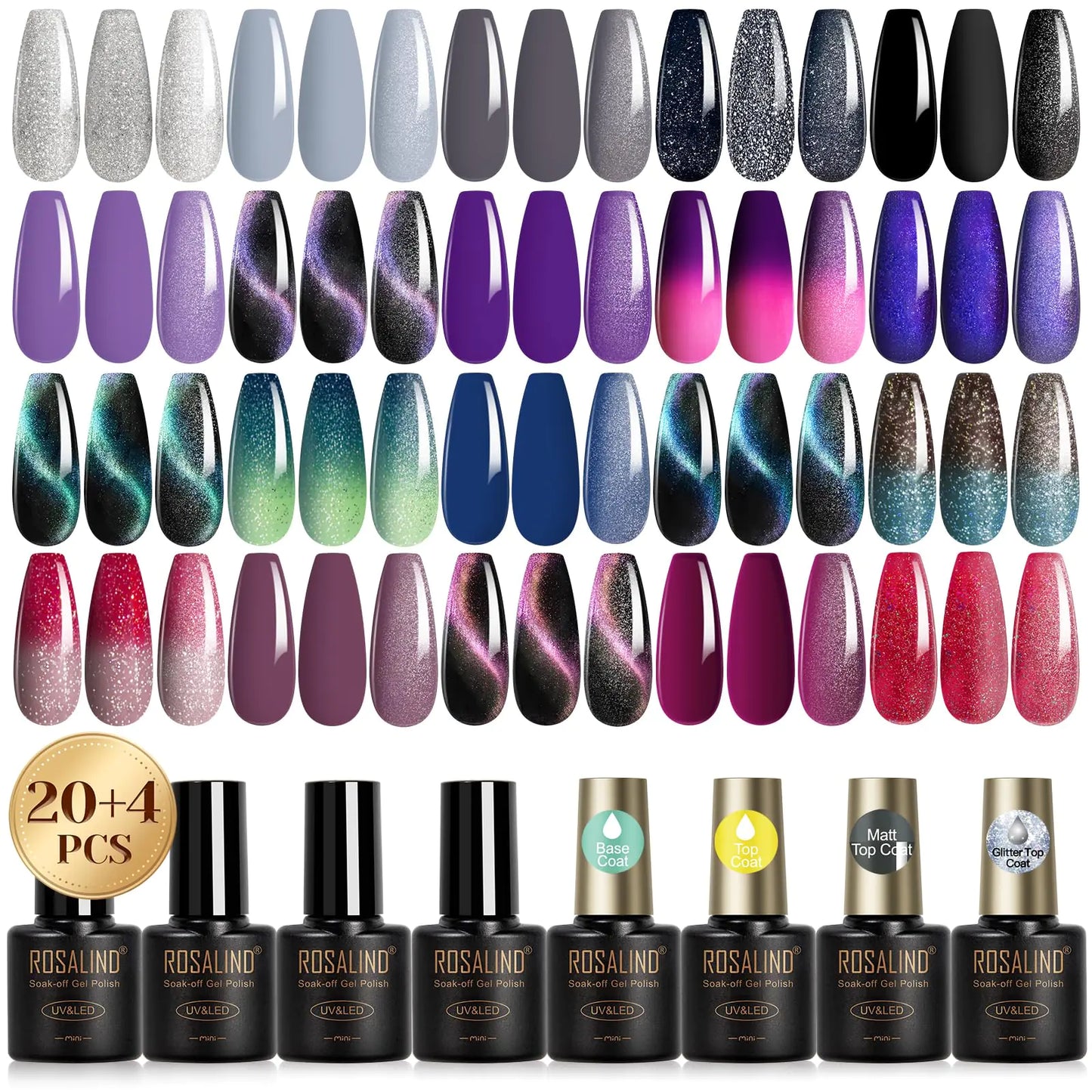 ROSALIND 24PCS Gel Nail Polish Set with 4 PCS Base Coat and Matte and Glossy and Glitter Top Coat,20 Color Vibrant and High Shine Gel Polish 24pcs Colors 12A 0.17 Fl Oz (Pack of 24)