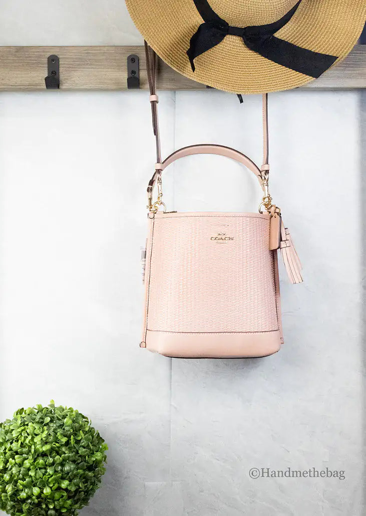 Coach Mollie 22 Shell Pink Straw Leather Bucket Crossbody