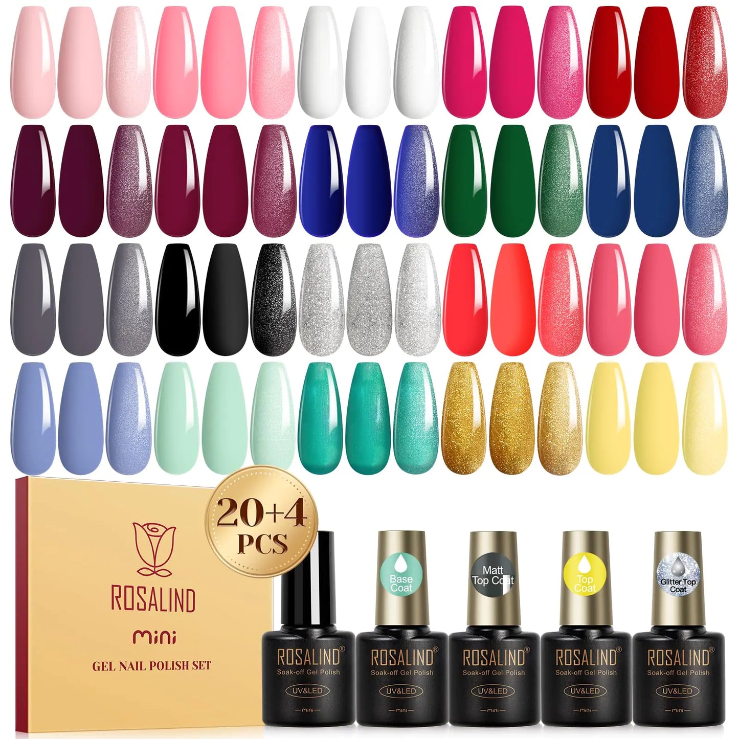 ROSALIND 24PCS Gel Nail Polish Set with 4 PCS Base Coat and Matte and Glossy and Glitter Top Coat,20 Color Vibrant and High Shine Gel Polish 24pcs Colors 12A 0.17 Fl Oz (Pack of 24)