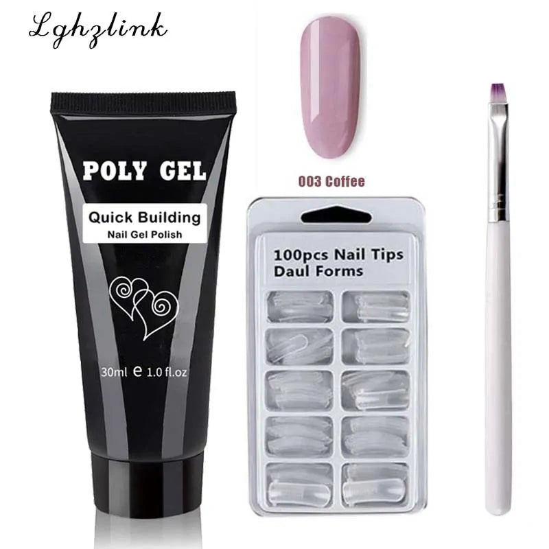 French Nail Art Poly Gel Kit with UV Brush and Nail Tips