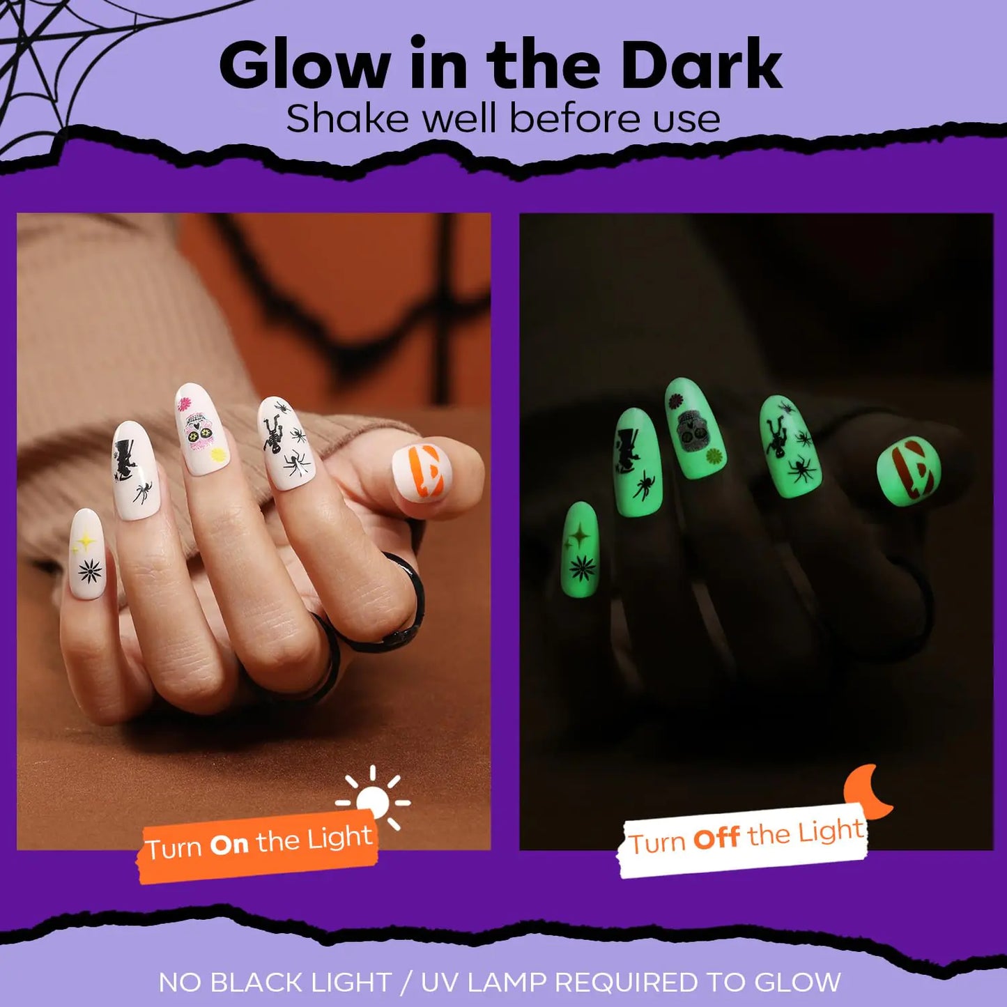 modelones Halloween Nail Polish Set 6 Colors, Boo-tiful Nightmare Collection with Stickers, Glow in the Dark White Crackle Black Purple Orange Hot Pink Quick Dry Nail Art Kit, Fall Gift for Women A1 Boo-tiful Nightmare