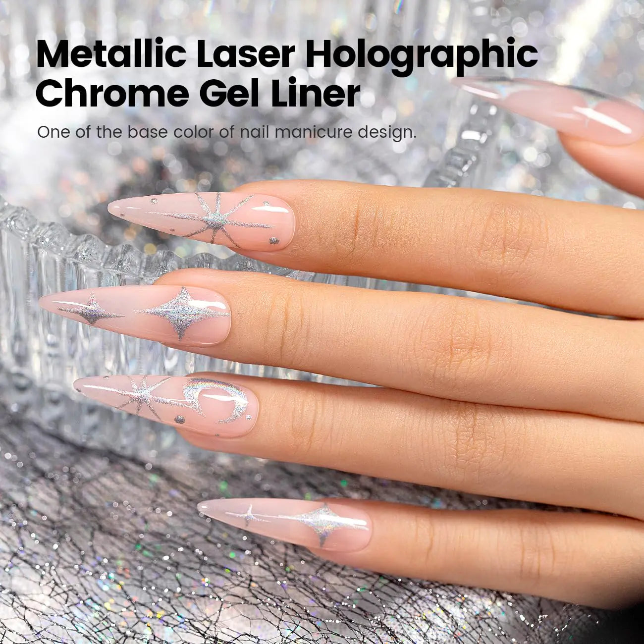 RARJSM Metallic Silver Nail Art Gel Liner Mirror Chrome 3D Holographic Laser Rainbow Effect Gel Nail Polish 8ml Build in Thin Brush Painted Drawing Striper Painting Curing Requires for Home Salon Metallic Laser Silver