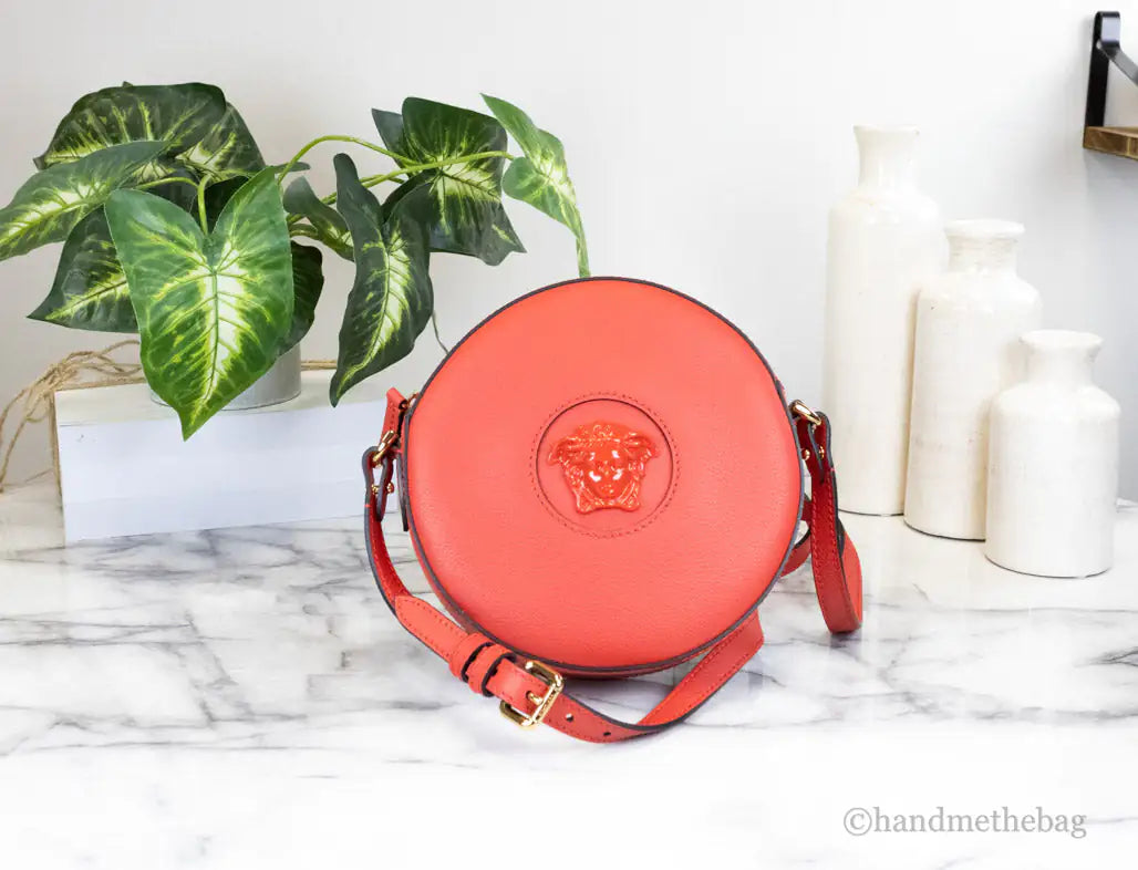 Versace Round Disco Red Leather Camera Case Crossbody Bag