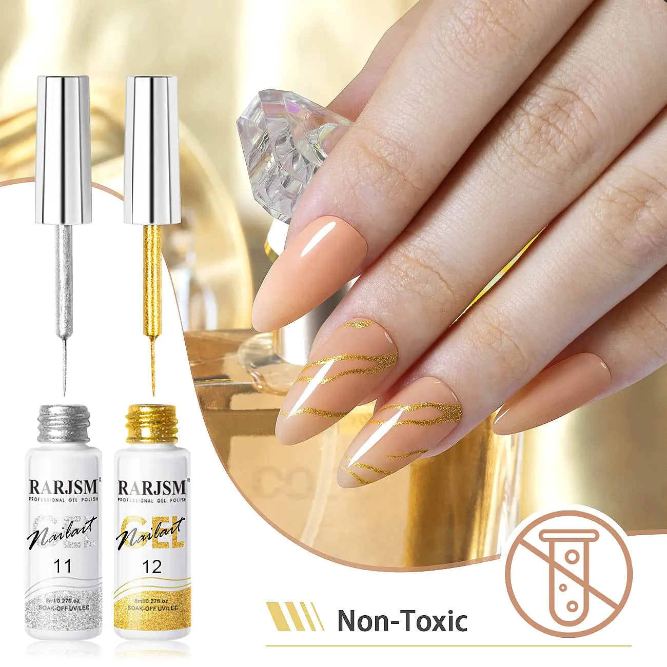 RARJSM Gel Liner Nail Art Silver Gold Glitter Nail Design Polish Painted Gel Nail Polish Set 2Pcs Soak off Curing Requires 8ml Build in Thin Brush for Home Salon Diy Nail Decoration Dotting Painting