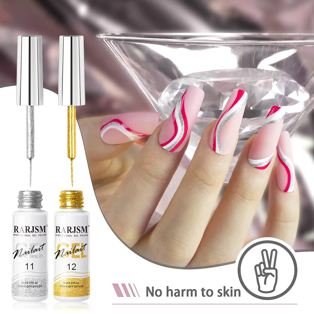 RARJSM Gel Liner Nail Art Silver Gold Glitter Nail Design Polish Painted Gel Nail Polish Set 2Pcs Soak off Curing Requires 8ml Build in Thin Brush for Home Salon Diy Nail Decoration Dotting Painting