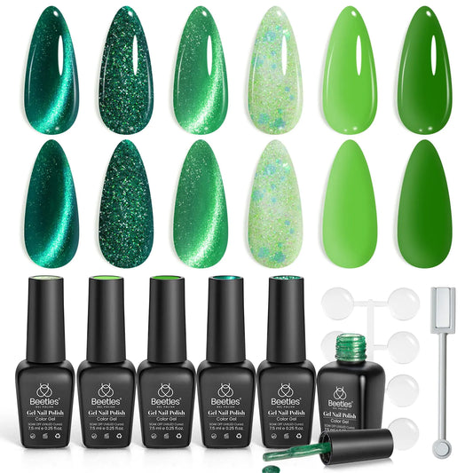 Beetles Green Gel Nail Polish Set, Cat Eye Jelly Gel Polish with Color Swtach Dots Magnet, 6 Color Glitter Enchanted Forest Theme for Salon Gel Manicure Nail Art DIY at Home 0-6 Colors Green Gel