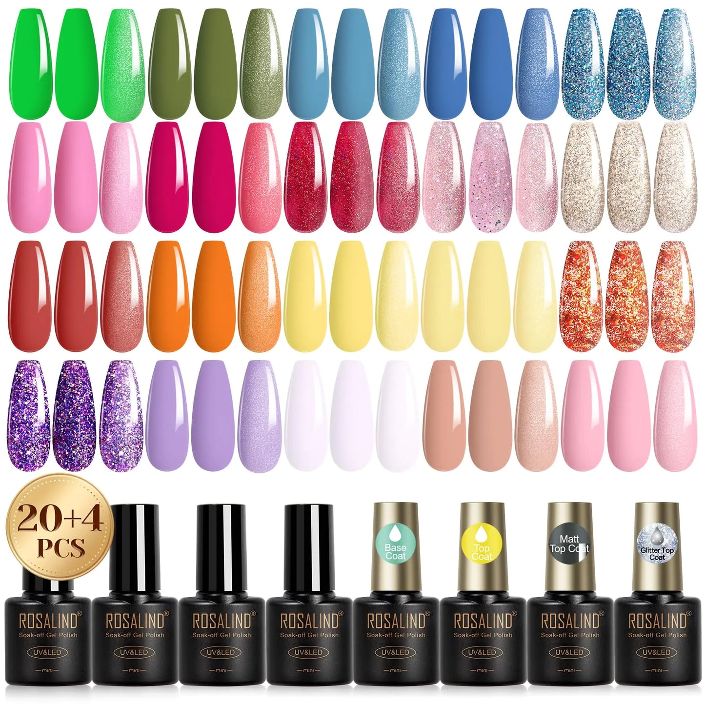 ROSALIND 24PCS Gel Nail Polish Set with 4 PCS Base Coat and Matte and Glossy and Glitter Top Coat,20 Color Vibrant and High Shine Gel Polish 24pcs Colors 12A 0.17 Fl Oz (Pack of 24)