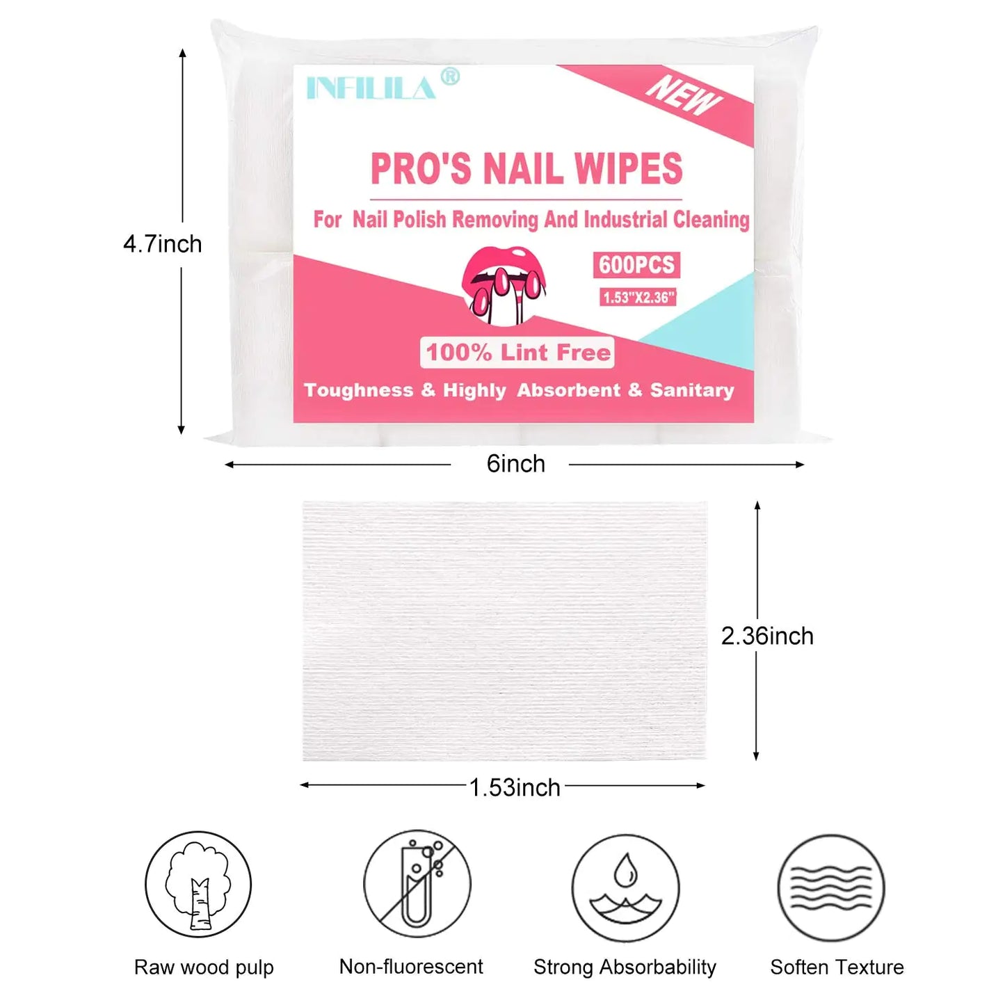 NXJ INFILILA Lint Free Nail Wipes 600PCS Absorbant No Lint Nail Wipes for Gel Nail Natural Wood Pulp Nail Polish Remover Pads for Professional Soak Off Gel Nail Polish Remover & UN-Dry Gel Polish 1.53x2.36 Inch (Pack of 600)