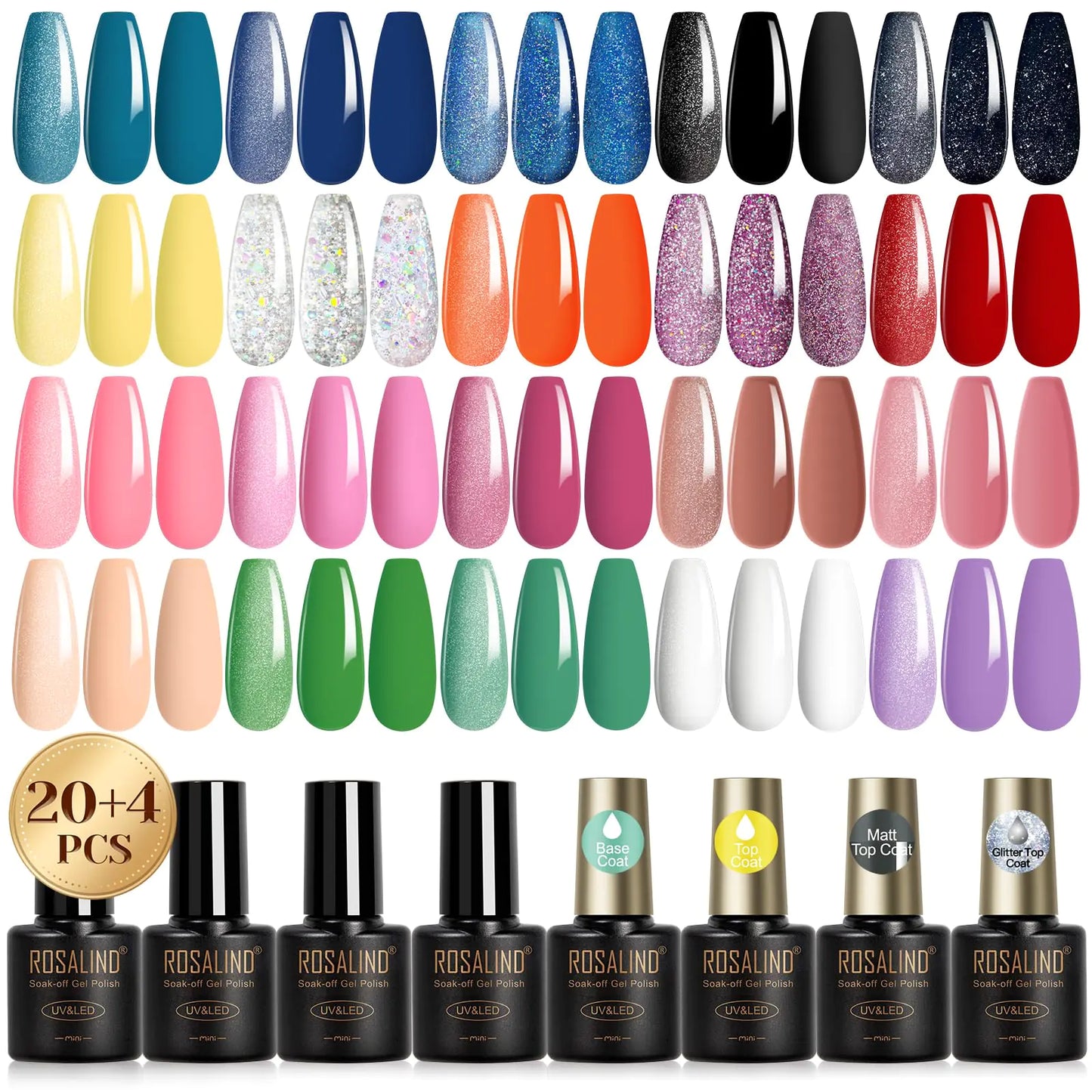 ROSALIND 24PCS Gel Nail Polish Set with 4 PCS Base Coat and Matte and Glossy and Glitter Top Coat,20 Color Vibrant and High Shine Gel Polish 24pcs Colors 12A 0.17 Fl Oz (Pack of 24)