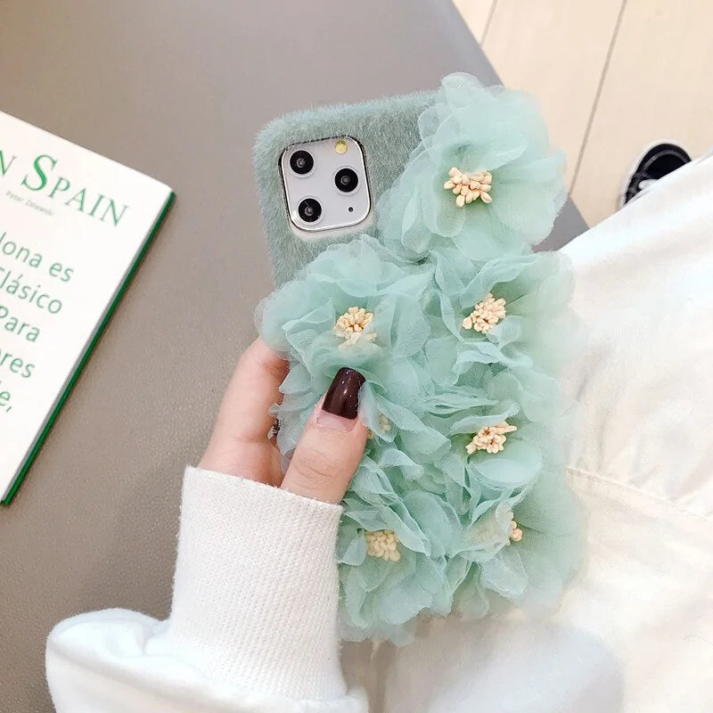 3D Lace Flower Furry Phone Case Cover for iPhone Models