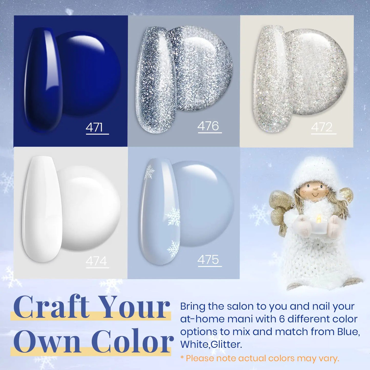 Beetles 6 Pcs Gel Nail Polish Set- 5 Colors Glitter White Blue Silver Gel Polish Kit with Strengthener Reinforcement Nail Sticker Snowflakes Soak off UV LED Lamp Winter Manicure Gifts for Girls 0-Sparkling Snow