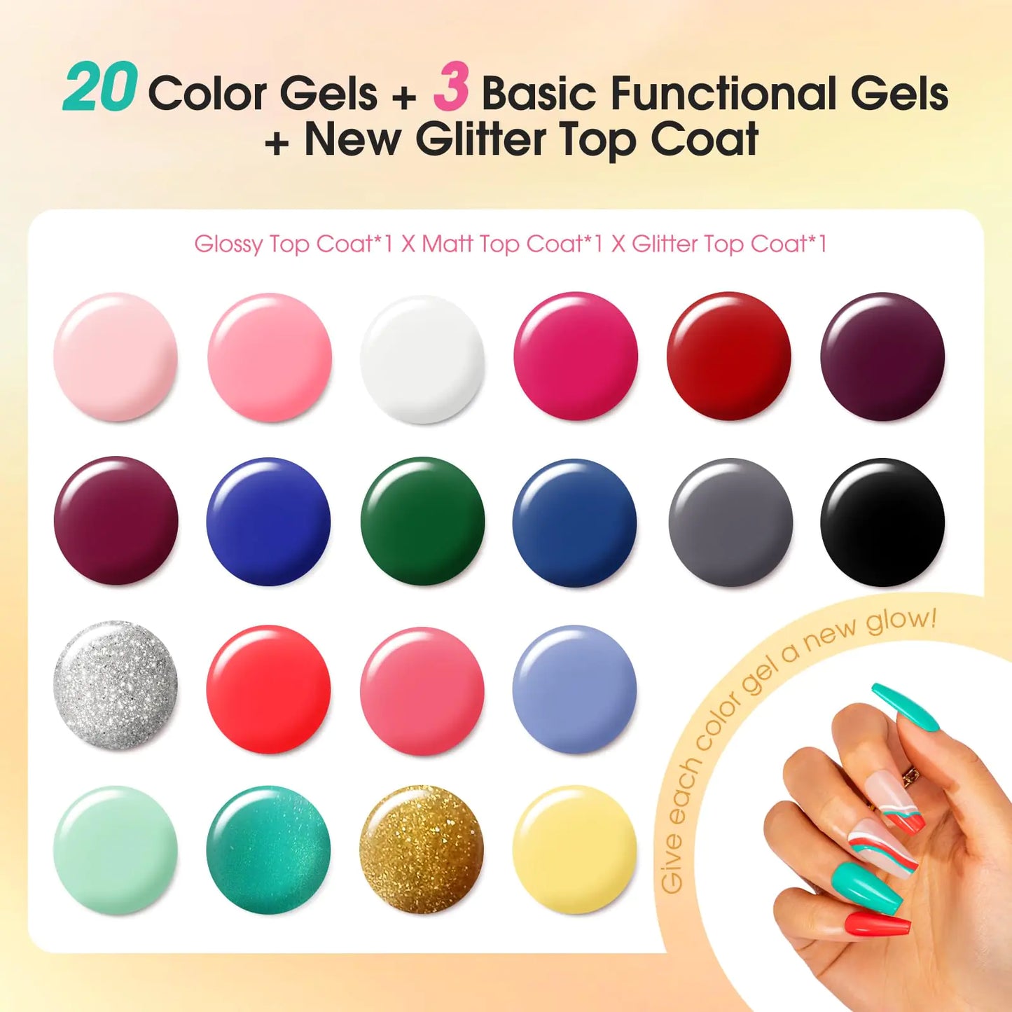 ROSALIND 24PCS Gel Nail Polish Set with 4 PCS Base Coat and Matte and Glossy and Glitter Top Coat,20 Color Vibrant and High Shine Gel Polish 24pcs Colors 12A 0.17 Fl Oz (Pack of 24)