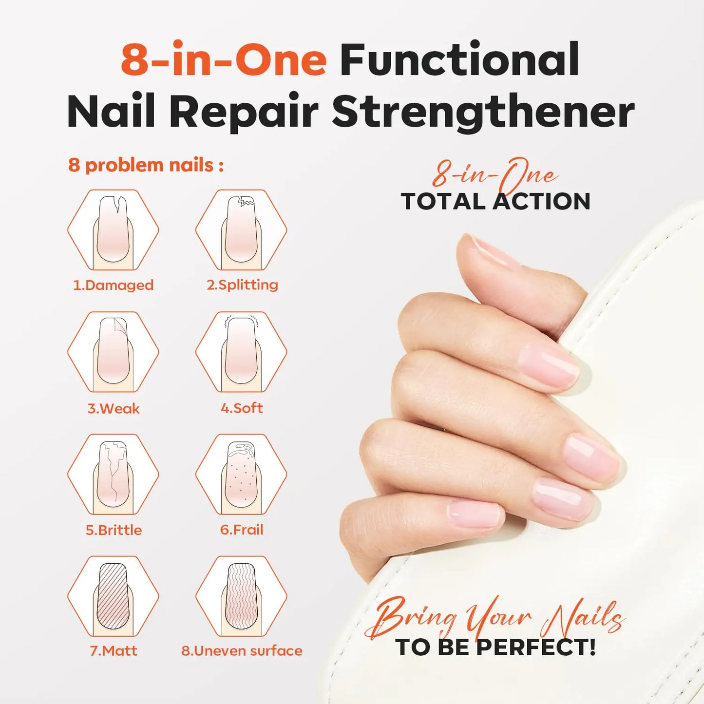 modelones Nail Strengthener, 8-in-One Nail Ridge Filler Base Coat Nail Polish Repair Nail Growth Treatment for Thin and Damaged Nails, Crystal Clear, 15ml