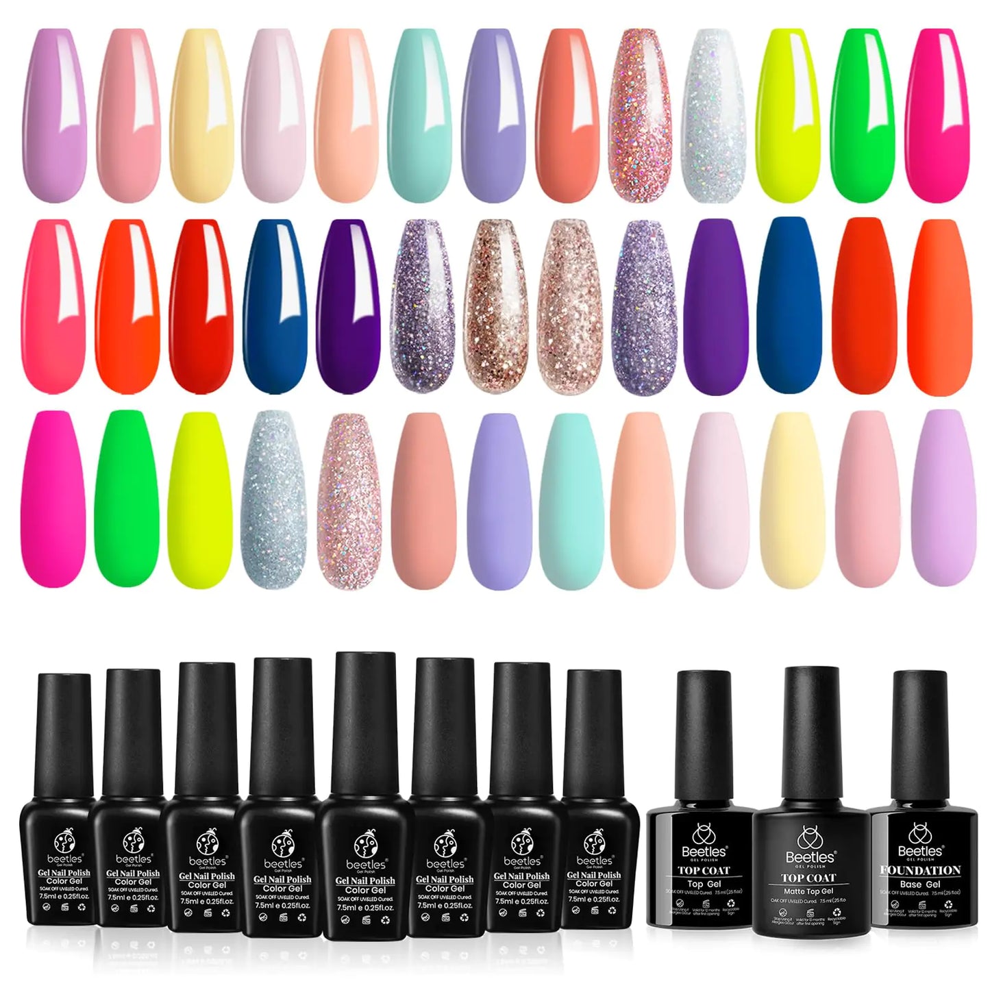 Beetles 23Pcs Gel Nail Polish Kit with Glossy Matte Top Coat and Base Coat Girls Night Collection White Nude Gray Glitters Summer Gel Nail Polish Set U V Soak Off Manicure Kit Gift for Girls 0-20 Colors Neon City